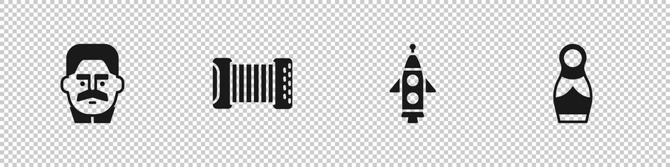 Set Joseph Stalin, Accordion, Rocket ship and Russian doll matryoshka icon. Vector.