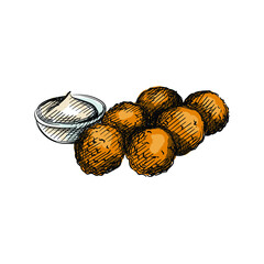 Colorful watercolor Hand drawn sketch of Dutch Bitterballen meat patties. Veal meat croquettes on a white background. Dutch cuisine. Food. Meals.	

