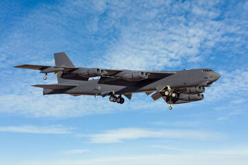 B52 Bomber. United States Air Force (USAF) B-52 heavy bomber with wheels down. Eight engined bomber, engine contract to Rolls Royce