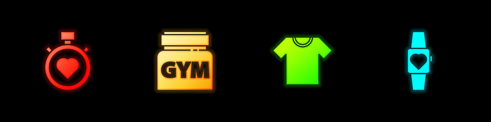 Set Heart in the center stopwatch, Sports nutrition, T-shirt and Smartwatch icon. Vector.
