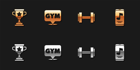 Set Award cup, Location gym, Dumbbell and Music player icon. Vector.