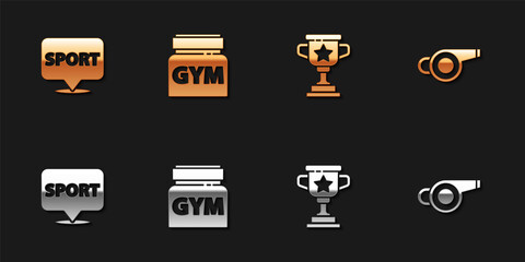 Set Location gym, Sports nutrition, Award cup and Whistle icon. Vector.