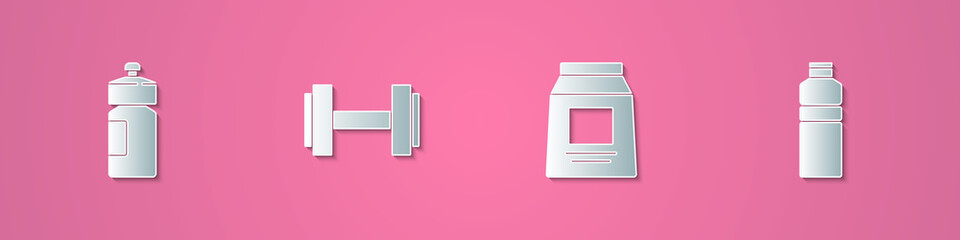 Set paper cut Fitness shaker, Dumbbell, Sports nutrition and icon. Paper art style. Vector.