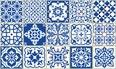 Seamless patchwork from Azulejo tiles. Collection of ceramic tiles in turkish style. Portuguese and Spain decor in blue, white. Islam, Arabic, Indian, Ottoman motif. Vector Hand drawn background - 419468153