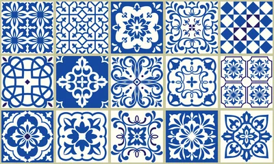 Foto op Canvas Seamless patchwork from Azulejo tiles. Collection of ceramic tiles in turkish style. Portuguese and Spain decor in blue, white. Islam, Arabic, Indian, Ottoman motif. Vector Hand drawn background © psk55