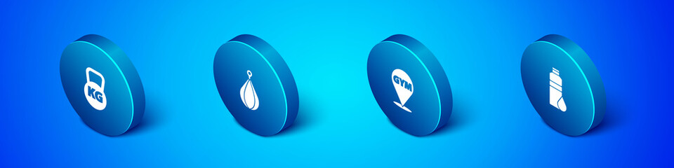 Set Isometric Kettlebell, Location gym, Fitness shaker and Punching bag icon. Vector.