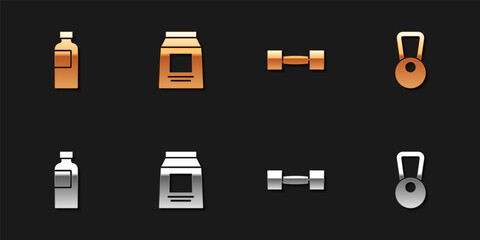 Set Fitness shaker, Sports nutrition, Dumbbell and Kettlebell icon. Vector.