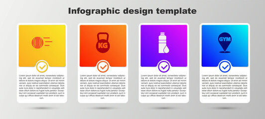 Set Tennis ball, Kettlebell, Fitness shaker and Location gym. Business infographic template. Vector.
