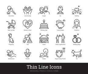 Family, kids thin line icons. Vector collection linear pictogram related to home, household, love, baby birth, holidays, engagement, wedding. Isolated vector set on white background. Editable strokes.