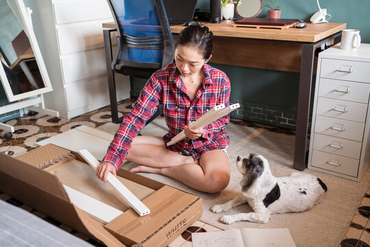 Thoughtful Asian female sitting on floor with fluffy dog and reading instruction while assembling furniture in new apartment