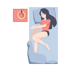 Bed with side table and sleeping woman, flat vector illustration isolated.