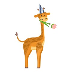 birthday of the giraffe. vector illustration in flat style. a giraffe with a cap on its head and a flower in its mouth. baby picture
