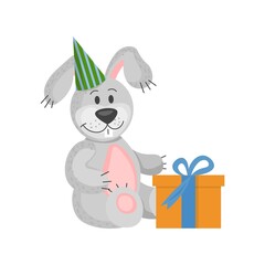 birthday of the hare. The rabbit is sitting with a gift and a cap on its head. Vector illustration in flat style. 