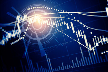 Financial data of stock market in term of a digital prices on LED display. A number of daily market price and quotation of prices chart to represent candle stick tracking in Forex trading.
