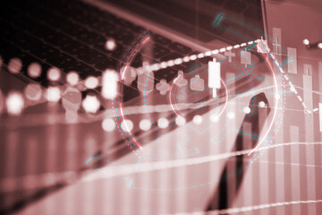 Financial data of stock market in term of a digital prices on LED display. A number of daily market price and quotation of prices chart to represent candle stick tracking in Forex trading.