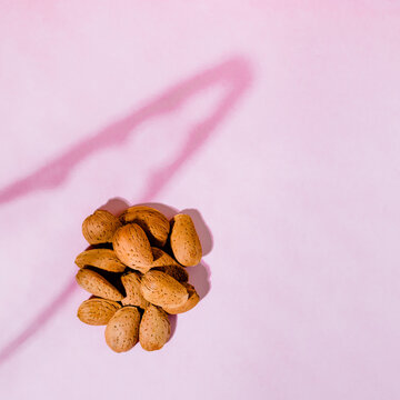 Top view of whole crispy oval shaped nuts on pink background