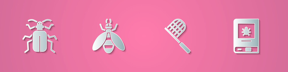 Set paper cut Chafer beetle, Bee, Butterfly net and Book about insect icon. Paper art style. Vector.