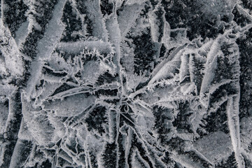 From above of frozen Lake Baikal surface with chaotic pattern and cracks as abstract background