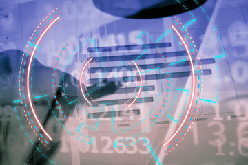 Financial data of stock market in term of a digital prices on LED display. A number of daily market price and quotation of prices chart to represent candle stick tracking in Forex trading.