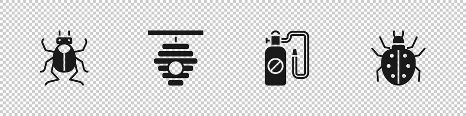 Set Beetle bug, Hive for bees, Pressure sprayer and Mite icon. Vector.