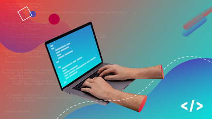 Conceptual contemporary art collage. Hands writing code in a laptop computer. Code design.