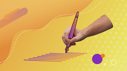 Conceptual contemporary art collage. Hand writing down holding a vector pen. Writing visual concept representation. 