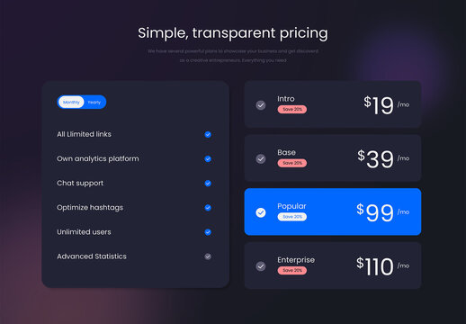 Dark Mode Pricing Table Element