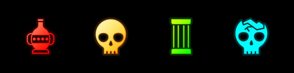 Set Ancient amphorae, Human skull, column and Broken human icon. Vector.
