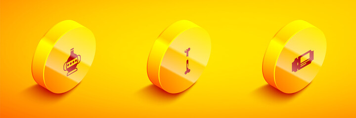 Set Isometric Ancient amphorae, Human broken bone and Museum ticket icon. Vector.