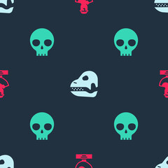 Set Ancient bust sculpture, Dinosaur skull and Human on seamless pattern. Vector.