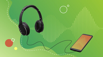 Conceptual contemporary art collage. Headphones set connected at a smartphone playing music. 
