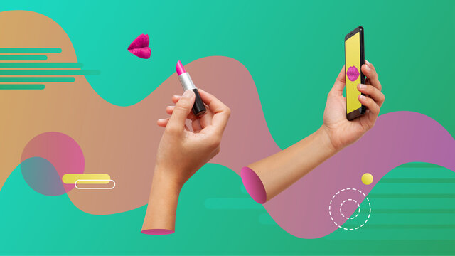 Conceptual contemporary art collage. Woman using a smartphone as a mirror and making up on. - Powered by Adobe