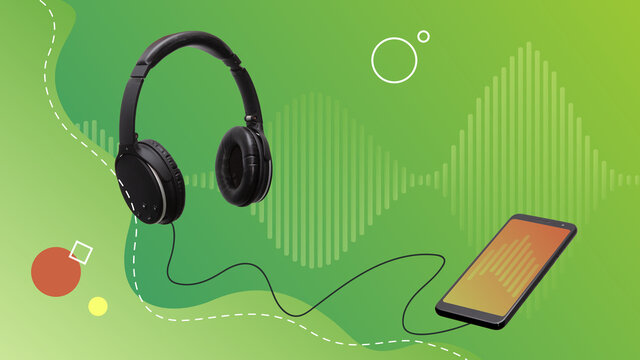 Conceptual contemporary art collage. Headphones set connected at a smartphone playing music. 