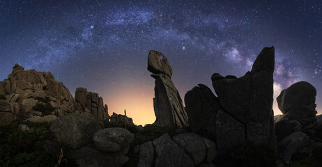 Silhouette of man standing on hill with big ricks among green plants with colorful night sky with stars and milky way on background