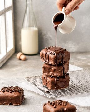 Unrecognizable crop cook pouring chocolate topping on pile of brownies placed on table in kitchen