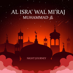 Isra' mi'raj illustration about mohammad prohet in night journey. word in english : Muhammad Peace Be Upon Him