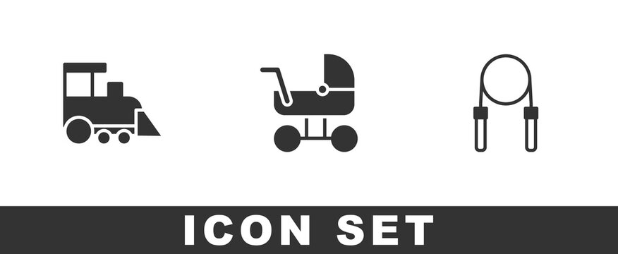 Set Toy train, Baby stroller and Jump rope icon. Vector.