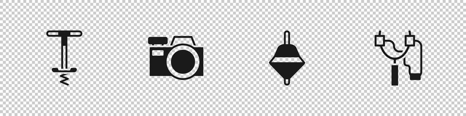 Set Pogo stick jumping toy, Photo camera, Whirligig and Slingshot icon. Vector.