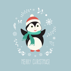 Merry Christmas greeting card with cute penguin