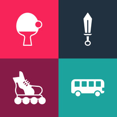 Set pop art Bus toy, Roller skate, Sword and Racket and ball icon. Vector.