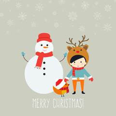 Fototapeta na wymiar Merry Christmas greeting card with cute xmas characters.