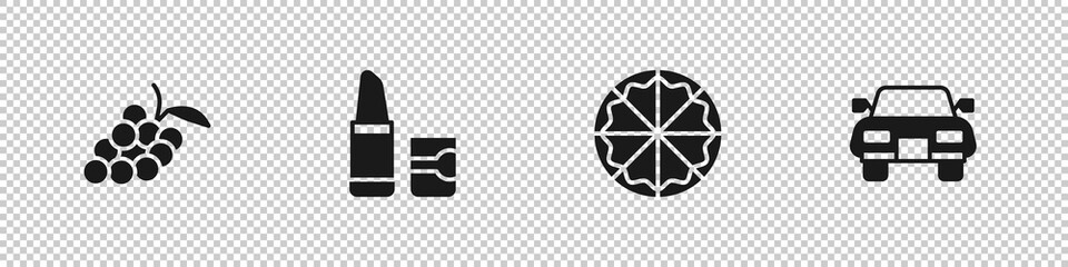 Set Grape fruit, Lipstick, Pizza and Car icon. Vector.