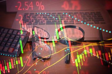Fundamental and technical analysis as concept. Candle stick graph chart of stock market trading to represent about Bullish point, Bearish point and trend of digital price graph.
