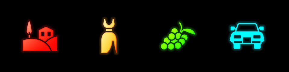 Obraz premium Set Village landscape, Woman dress, Grape fruit and Car icon. Vector.