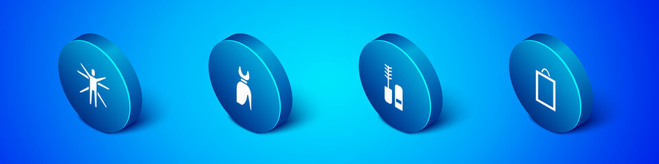 Set Isometric Vitruvian Man, Mascara brush, Picture and Woman dress icon. Vector.
