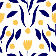 Seamless floral pattern with yellow flowers and blue leaves 