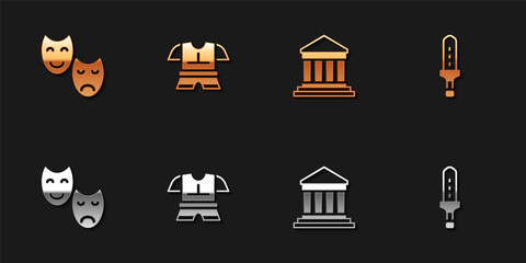 Set Comedy and tragedy masks, Body armor, Parthenon and Medieval sword icon. Vector.