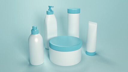 Set of 3D render packaging mockups of cosmetic products. Glossy bottles of shampoo, gel, cream, lotion, hair mask, aconditioner, deodorantâ€¦