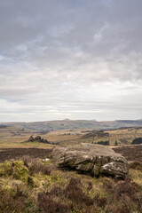Bleak winter panoramic view of Baldstone, and Gib Torr in the Peak District National Park.