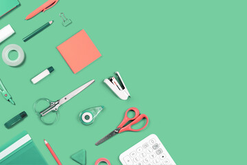 Border. Assorted office and school white orange and green stationery supply on pastel trendy background as knolling. Copy space. Flat lay for back to school or education and craft concept. - obrazy, fototapety, plakaty